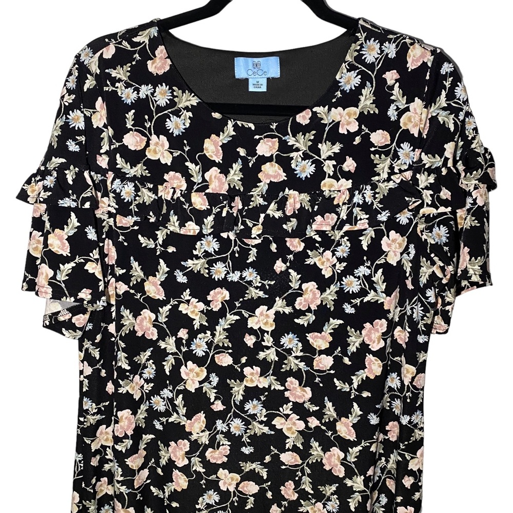 CeCe Women's Medium Flutter Sleeve Dress Scoop Neck Floral Flowers Ruffle - Picture 2 of 8